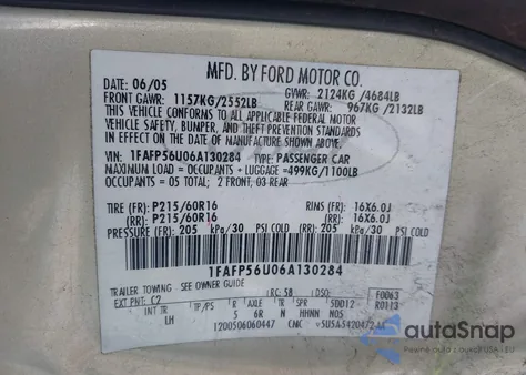 2006 Ford Taurus Sel z USA, uszkodzony, nr VIN 1FAFP56U06A130284